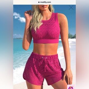 MODLILY® Lace High Waisted Hot Pink Bikini Set